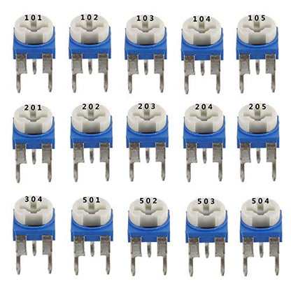 BOJACK 15 Values 150 pcs 100 Ohm- 2M Ohm Variable Resistor 6mm Potentiometer Assortment Kit packag in a Clear Plastic Box