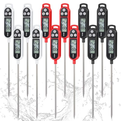 Copkim 12 Pcs Instant Read Meat Thermometer with Long Probe 9.65 Inch Kitchen Cooking Food Candy Waterproof Digital Thermometer for BBQ Water Milk Yogurt Liquid Cooking (Black,White,Red) - color: Black, White, Red