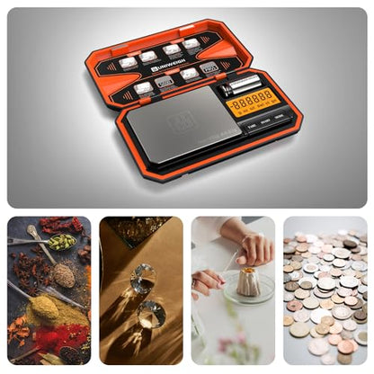 UNIWEIGH Digital Pocket Scale 200g/0.01g Precision Digital Scale Grams | 6 Units Jewelry Scales,Coins Scale with LCD Display,Tare Function for Food,Powder,small items(Battery Included)-Orange - color: Orange