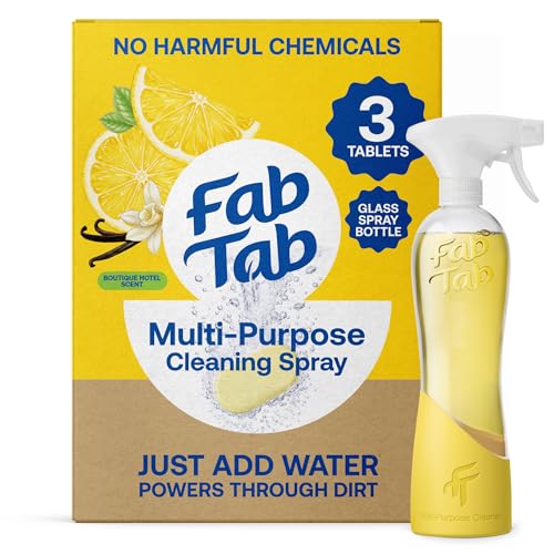 Fab Tab Multi Purpose Cleaner Cleaning Tablets, Eco-Concious Refillable Glass Bottle System with Boutique Hotel Scent, Safe For Family and Pets - Chemical-Free, Plastic-Free - 3 Count