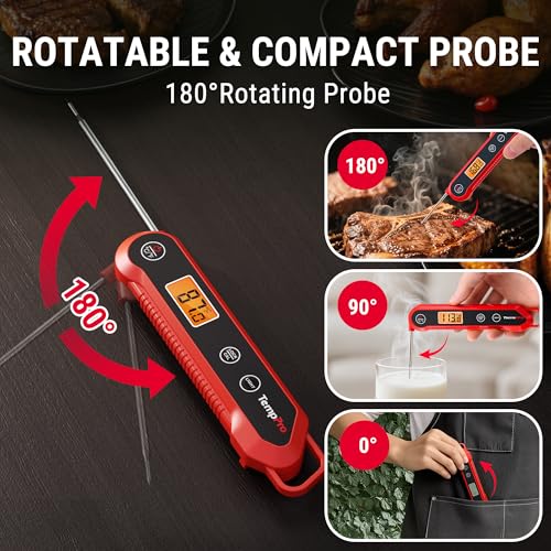 TempPro 1 Second Instant Read Digital Meat Thermometer, ±0.9°F Accuracy, Waterproof & Backlight Food Thermometer for Cooking, Oil Fry Candy Meat Probe for Kitchen, BBQ, Oven, Grill, Smoker - color: Red
