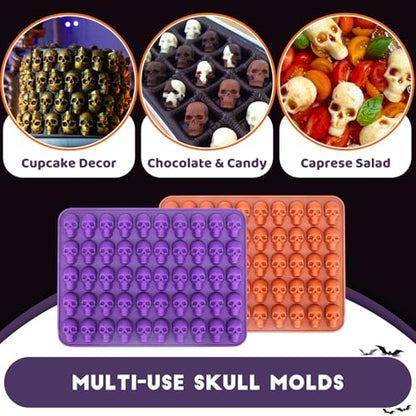 Mini Skull Molds Silicone Halloween for Candy Gummy Chocolate, 200 Cavity 4 pcs Small Head Shapes Freezing Tray Party Wax Melts DIY Moulds BPA Free Treat or Trick Kids Oven Safe - style: Mini Skull - 4PCS