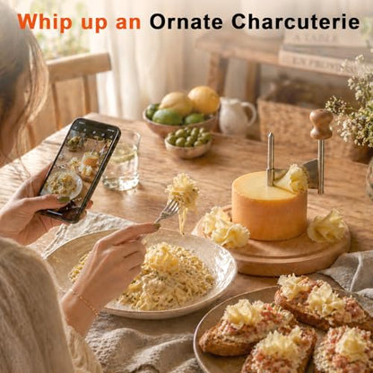 Cheese Curler Wheel, Stainless Steel Curly Cheese Shaver Flower Maker Slicer with Cutter Blade Wooden Base for Restaurants Cafes Dessert Kitchen Use Tools Utensils Gadgets Accessories