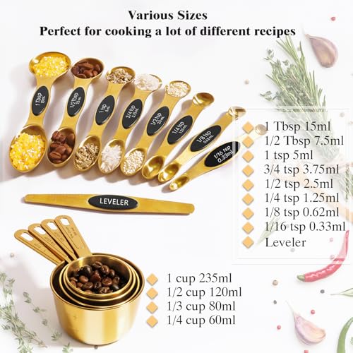 13pcs Gold Stainless Steel Measuring Cups and Spoons Set, 8 Double-Sided Magnetic Measuring Spoons Set & 4 Metal Measuring Cups & 1 Leveler for Kitchen Dry & Liquid Cooking Baking - color: Gold