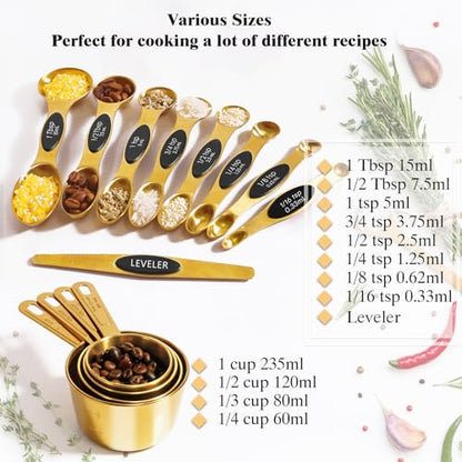 13pcs Gold Stainless Steel Measuring Cups and Spoons Set, 8 Double-Sided Magnetic Measuring Spoons Set & 4 Metal Measuring Cups & 1 Leveler for Kitchen Dry & Liquid Cooking Baking - color: Gold