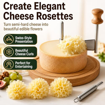 Cheese Curler for Tête de Moine, Swiss-Style Cheese Flower Maker with Stainless Steel Shaver and Solid Wood Base, Cheese Rosette Cutter for Charcuterie Boards, Chocolate, Butter, Desserts and Parties - color: Cheese Curler