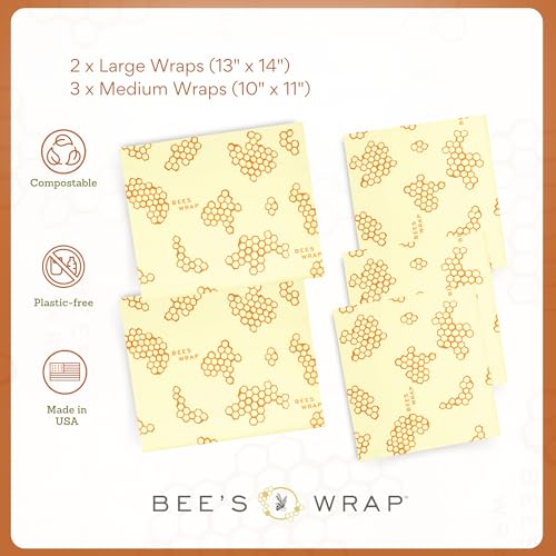 Bee's Wrap Beeswax Wraps for Food - Assorted 5 Pack of Beeswax Wraps - 2 Large & 3 Medium Wrap - Plastic Free Made in USA Reusable Natural Food Wrap - Honeycomb Print - style: 5 Pack (Honeycomb)
