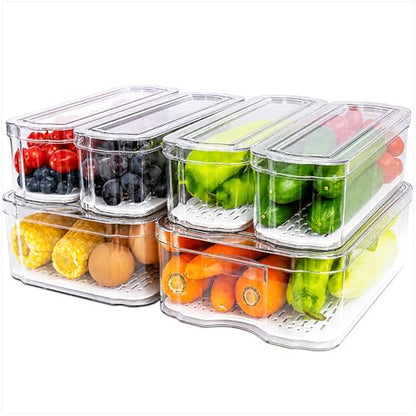 SMRCAD 6 Pack Clear Fridge Organizer Bins with Drain Trays - Stackable | BPA-Free PET, 6 Pack: 6 lidded Bins (Not drawer), Helps Keep Produce Fresh, 14L Capacity, Hand Wash Only - size: 6 Bins (No Pull-out Drawer)