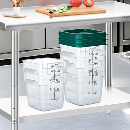 4 Pack 4 Qt Square Polycarbonate Food Storage Containers with Lids | Clear BPA-free PC with lids, side handles, measurement scale and stackable design; for food prep, storage and freezer use. - color: 4Qt