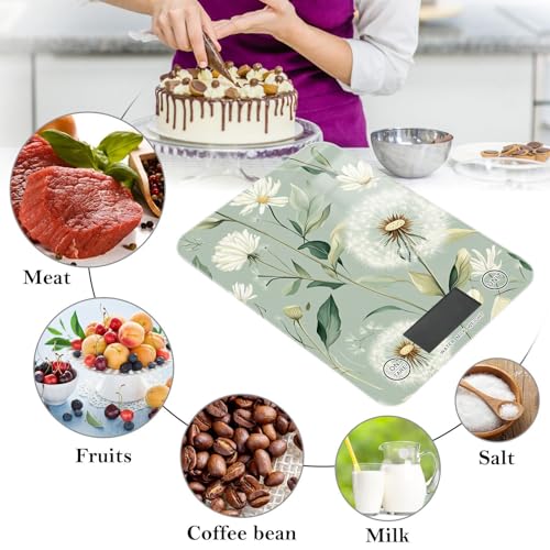Sage Green Dandelion01 Food Scale Kitchen Digital Scale Food Ounces and Grams Dieting Baking Cooking Waterproof Glass Panels LCD Display,4 Units Tare Function - color: Sage Green Dandelion01