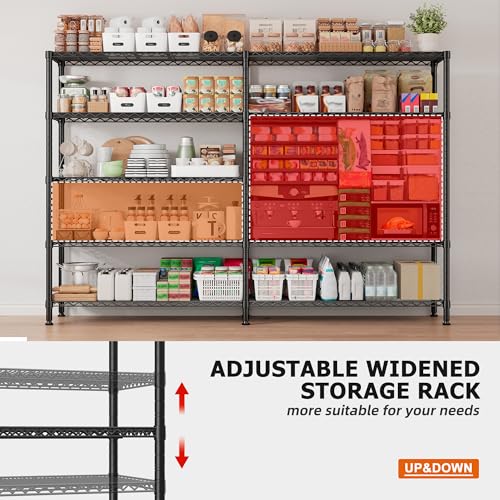 REIBII 1600LBS Heavy Duty Storage Shelves 5-Tier Extra-Wide Metal Shelving 69.8" W x 72.4" H Capacity Garage Shelving Unit Adjustable Wire Shelving for Kitchen Garage Pantry Basement - style: Black-15.8"Dx69.8"Wx72.4"H-5 Tier
