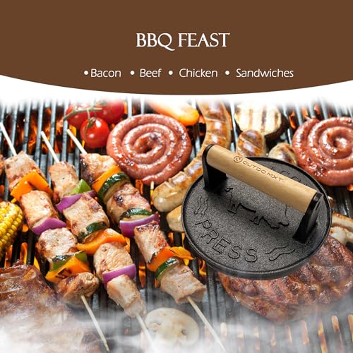 Cast Iron 7" Smash Burger Press,Heavy Duty 2.5lb Burger Smasher with Wood Handle and Silicone Protective Cover for Griddle,Grill Press for Hamburger, Bacon, Steak, Barbecue Grilling Tool - size: Cast Iron 7.0-Inch Round