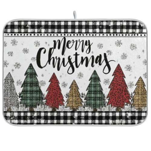 Kcldeci Checkered Leopard Print Christmas Trees Dish Drying Mat Kitchen Counter Mat Draining Mat Kitchen Accessories Dish Rack Pad for Dishes, Utensils, Countertops, Sinks 16x18in - color: checkered leopard print christmas trees, size: 16x18in