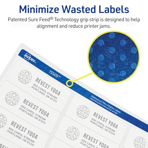 Avery Waterproof Printable Address Labels with Sure Feed, 1" x 2-5/8", White, Ultrahold Permanent Adhesive, Laser Printers, 300 Blank Mailing Labels, Great for Mailing, Branding, and More (15509)