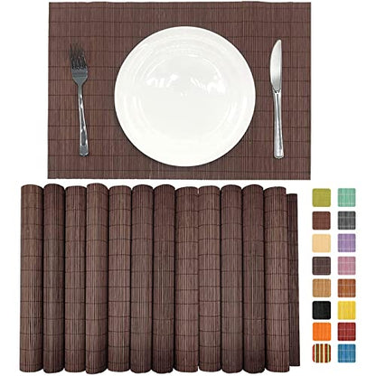 Set of 12 Pcs Bamboo Placemats Natural Anti-Slip Bamboo Placemats Washable Heat-Resistant Table Mats for Dining Room and Kitchen(Chocolate) - color: Chocolate, size: Set of 12