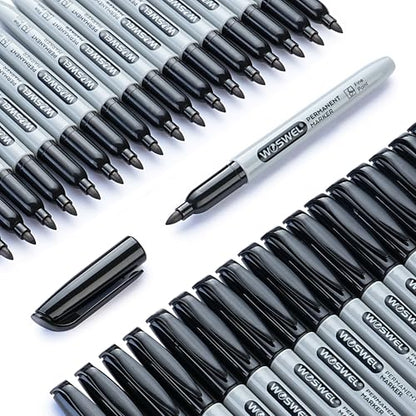 WOSWEL Permanent Markers Bulk, 100 Pack Fine Point Tip Black Permanent Marker Set, Waterproof Markers, Premium Smear Proof Pens, Quick Drying, Office Supplies for School, Office, Home