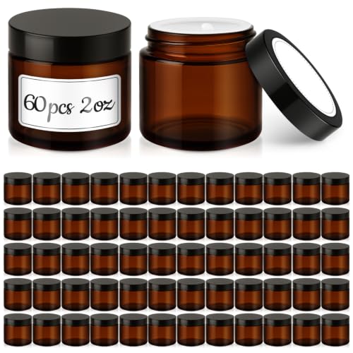 2 oz Glass Jars with Lids, 60 Pack Amber Small Glass Jars with Black Lids Leakproof Round Airtight Empty Cosmetic Travel Containers with Inner Liners For Lotions Powders and Candle Making - color: Amber-Black Lids, size: 2 Ounces