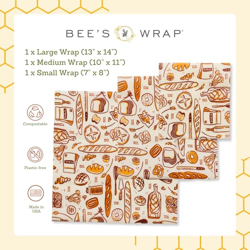Bee's Wrap Beeswax Wraps for Food - 3 Pack of Assorted Beeswax Wraps - Small, Medium & Large Wrap - Plastic Free Made in USA Reusable Natural Food Wrap - Bakery Lane Print - style: 3 Pack (Bakery Lane)