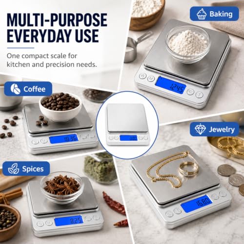 Digital Gram Scale 500g 0.01g Food Scale High Precision Kitchen Scale Multifunctional Stainless Steel Pocket Scale with Back-Lit LCD Display Tare PCS Features Silver