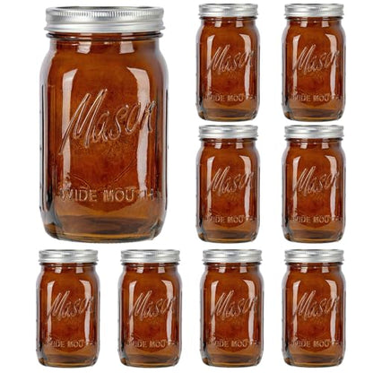 SUT Amber Wide Mouth Mason Jars 32 oz,9 Pack Quart Mason Jars With Airtight lids and Bands,Canning Jars 32 oz for Preserving,Meal Prep,Overnight Oats,Fermenting - color: Amber