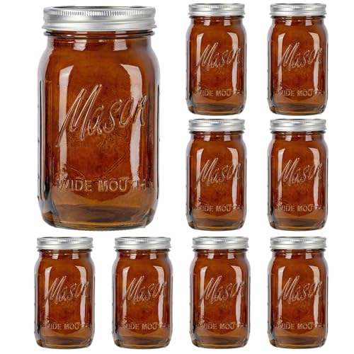 SUT Amber Wide Mouth Mason Jars 32 oz,9 Pack Quart Mason Jars With Airtight lids and Bands,Canning Jars 32 oz for Preserving,Meal Prep,Overnight Oats,Fermenting - color: Amber