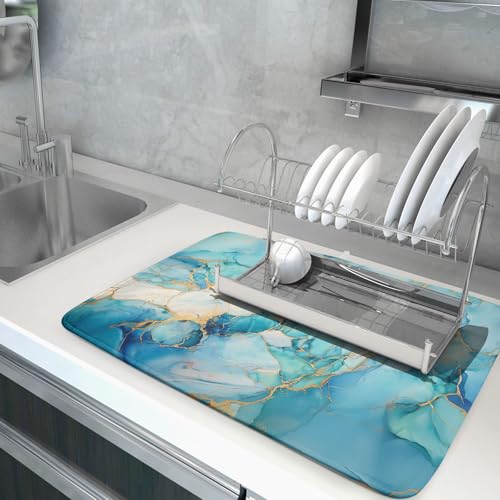 Marble Print Dish Drying Mat for Kitchen Counter,Blue Teal Turquoise Gold Drying Mat 18 x 24 Inch with Absorbent Reversible Microfiber Drying Pad for Coffee Bar - size: 18" x 24"