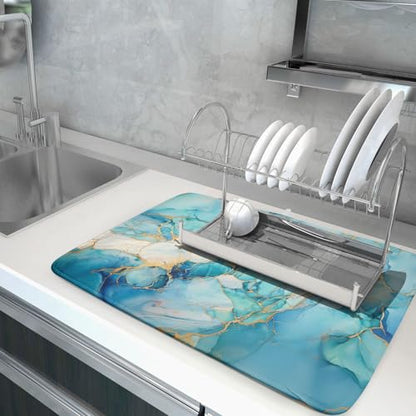 Marble Print Dish Drying Mat for Kitchen Counter,Blue Teal Turquoise Gold Drying Mat 18 x 24 Inch with Absorbent Reversible Microfiber Drying Pad for Coffee Bar - size: 18" x 24"