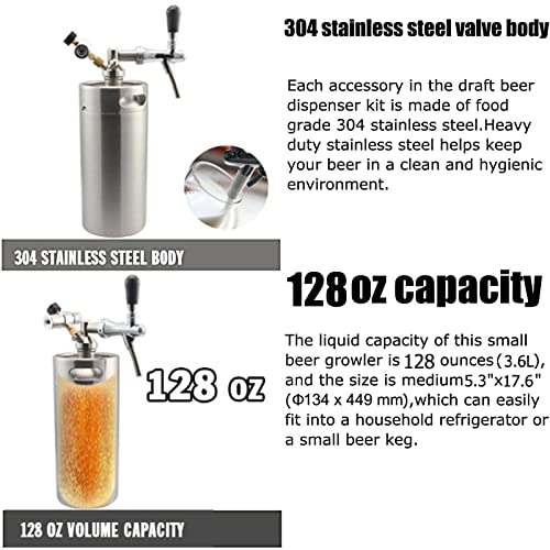 Mini Stainless Steel Beer Keg,Portable Home Dispenser System to Keep Fresh for Home Kitchen Brewing Beer,Keeps Carbonation for Craft Beer Draft and Homebrew,3.6 liters