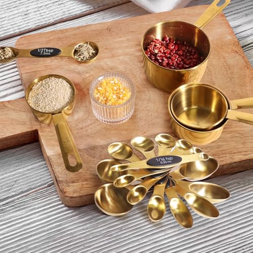 13pcs Gold Stainless Steel Measuring Cups and Spoons Set, 8 Double-Sided Magnetic Measuring Spoons Set & 4 Metal Measuring Cups & 1 Leveler for Kitchen Dry & Liquid Cooking Baking - color: Gold