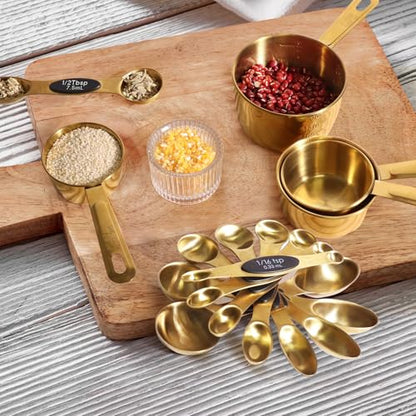 13pcs Gold Stainless Steel Measuring Cups and Spoons Set, 8 Double-Sided Magnetic Measuring Spoons Set & 4 Metal Measuring Cups & 1 Leveler for Kitchen Dry & Liquid Cooking Baking - color: Gold