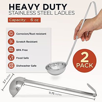 Fit Meal Prep [2 Pack] Stainless Steel Soup Ladle - One-Piece Sauce Spatula with Hook Handles, Commercial Grade Serving Spoon, Kitchen Tool for Restaurant or Home Cooking, Mirror Finish, 14.25" Long - size: 6 oz