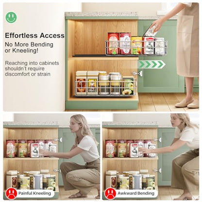 Pull out Cabinet Organizer, Stainless Steel 2-Pack Slide out Drawer with Silent Full-Extension Slides, Adhesive Roll out Can Spice Storage Basket Shelf Rack for Pantry, Kitchen, Bathroom, Home Closet - size: (11.8"W x 16.5"D x 4.7"H)