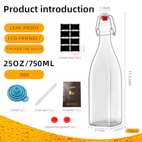 2 Pack 25oz Square Swing Top Glass Bottles, 750ML Bottles with Airtight Stoppers for Kombucha, Kefir, Vanilla Extract, Beer(Bonus Gaskets, Labels and Funnel)