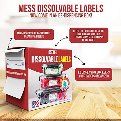 MESS Dissolvable Food Labels for Containers 400 Labels (1x2 Blue/White and 2" Kraft) Blank Kitchen Labels - Food Storage Labels - Removable Freezer Labels - Dissolvable Labels for Food Containers
