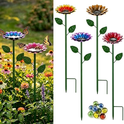 4 Pack Sunflower Flower Bee Watering Station with 20 Glass Beads - Bee Bath for Garden Metal Bee Water Feeder with Flower Design, Colorful Outdoor Insect Hydration Station for Attracting Bees ﻿
