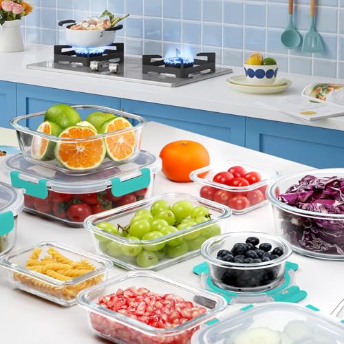 VERONES 30 Pieces Glass Meal Prep Containers Set, Stackable Glass Food Storage Containers with Lids-Airtight Lunch Containers，for Microwave, Oven, Freezer & Dishwasher,Green - color: Green-30