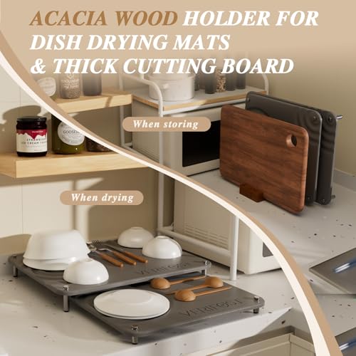 VERIFOST 2 Pcs Large Gray Stone Dish Drying Mat with Acacia Wood Holder Stand for 1 Inch Cutting Board and Fast Stone Drying Mat for Kitchen Counter with Non-slip Feet - color: Acacia Holder Midnight Gray