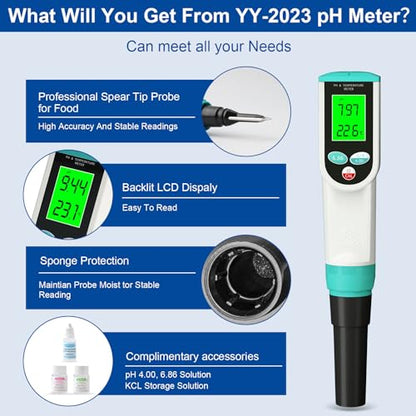 Food pH Meter, Digital Waterproof pH Tester with High Accuracy pH/Temperature Probe, Ideal for Sourdough, Cheese, Solid Samples, and Liquid Foods, 0.01 Resolution