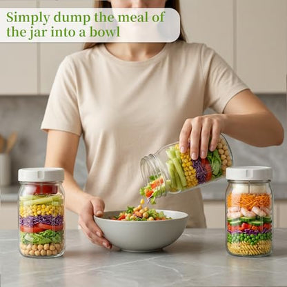4 Pack Glass Salad Jars with Lids Meal Prep, 32oz Meal Prep Glass Salad Jars with 4 Stainless Steel Forks Wet/Dry Dressing Cups for Home, Office and Outdoor, 32oz Mason Jars