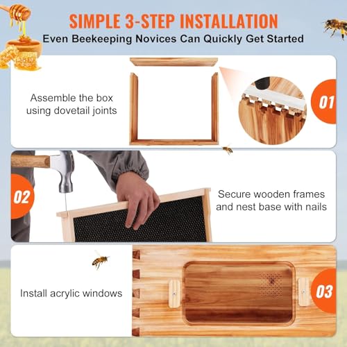 Bee Hive Deep Box Starter Kit, 100% Beeswax Coated Natural Cedar Wood, Langstroth Beehive Kit with 10 Frames and Foundations, Transparent Acrylic Bee Windows for Beginners and Pro Beekeepers