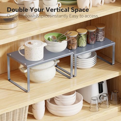 Simple Trending Cabinet Organizer Shelf, Set of 2 Kitchen Counter Shelves, Kitchen Storage, Stackable, Expandable, Metal Spice Rack for Cupboard, Bathroom, Desk, Pantry, Silver - color: Silver