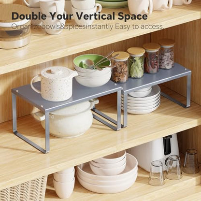 Simple Trending Cabinet Organizer Shelf, Set of 2 Kitchen Counter Shelves, Kitchen Storage, Stackable, Expandable, Metal Spice Rack for Cupboard, Bathroom, Desk, Pantry, Silver - color: Silver