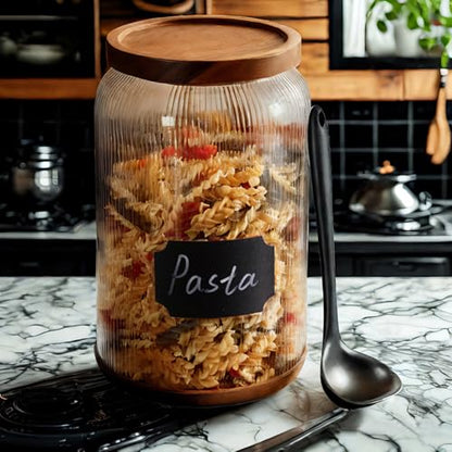 SAIOOL Striped Borosilicate Glass Airtight Canisters, 1 Gallon | 2-Pack, Big Mouth Large Capacity, Acacia Wood Lid, Food Storage Jars, For Flour, Pasta, Pantry Organization - size: 1 Gallon (Striped 2 pack)
