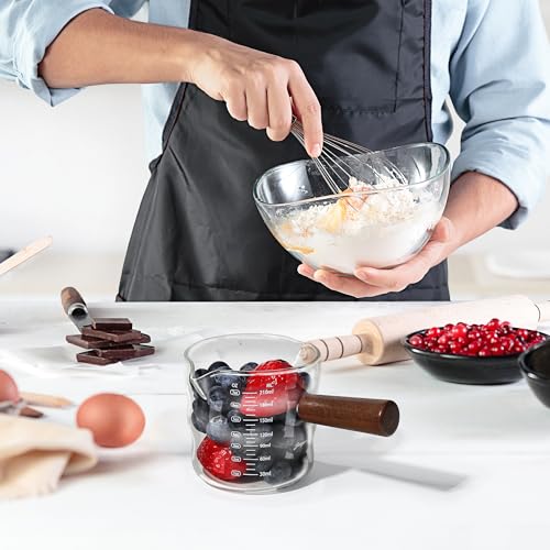 Joeyan Espresso Measuring Cup, Espresso Shot Cups, Glass Measuring Cup with Double Spouts and Wood Handle, Wave Shaped Triple Pitcher Milk Cup, Borosilicate Clear Coffee Bar Accessories, 9 oz - color: Clear wavy espresso cup- double spouts
