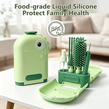 Travel Baby Bottle Brush Kit with Case, 6-in-1 Portable Bottle Cleaning Set for Baby Bottles, Nipples, Straws and Breast Pump Parts, Includes Drying Rack and Soap Dispenser, Green