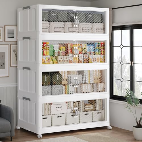 480QT Extra Large Stackable Storage Bins with Lid & Wheels & Doors, 120Gal Foldable Collapsible Closet Organizers, Plastic Cabinet Box Container Drawer for Home Kitchen Bedroom, 4Pack White - color: White, size: 120QT-4Pack