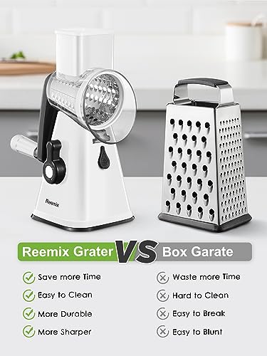 Rotary Cheese Grater with Handle, Reemix Vegetable Cheese Shredder Slicer Grater for Kitchen 3 Changeable Blades for Cheese Potato Zucchini Nuts Chocolate (White) - color: White