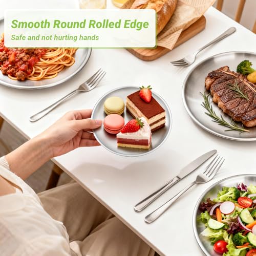 Stainless Steel Plates, 4 Set 6.7 inch Mini 201 Metal Food Serving Plate, Reusable Snack Eating Dishes Round Brushed Finish Silver Dinnerware Dish for BBQ Dinner Oven Dishwasher Safe - size: 6.7"
