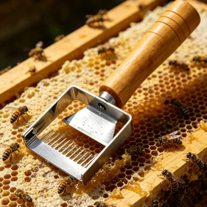 Pssopp Honey Uncapping Fork, 7.09Inch 2 in 1 Honey Uncapping Scraper Stainless Steel Beekeeping Tool for Bee Hives Honeycombs Harvesting (Multi Functional)