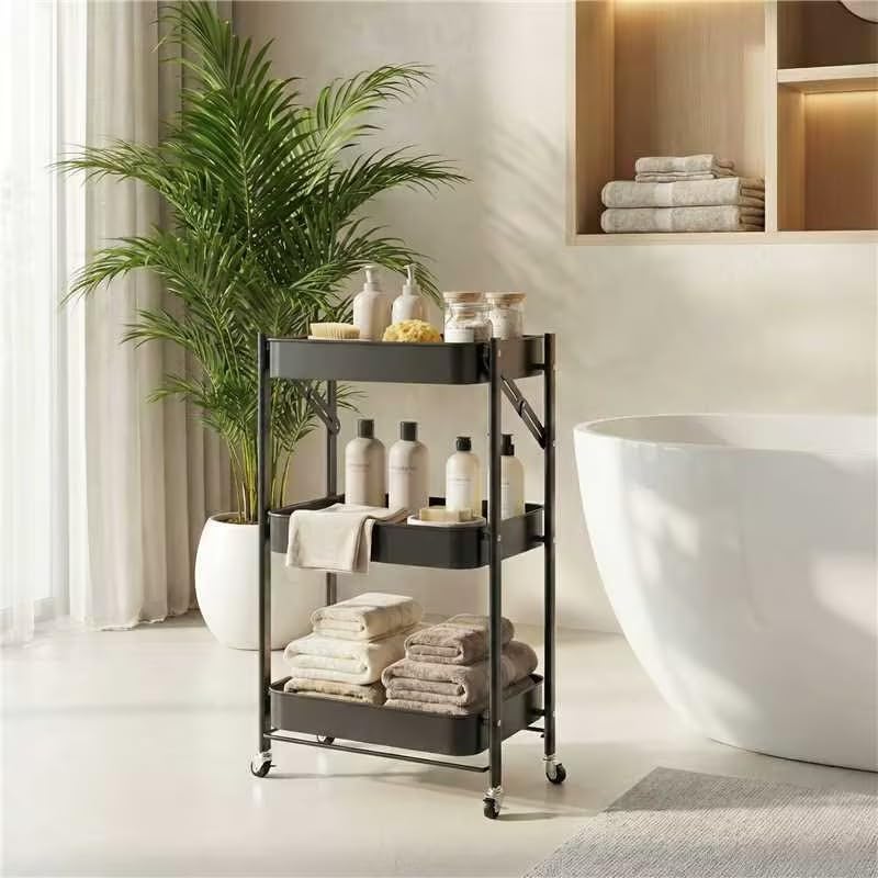 JAQ No Assembly Required Under Desk Rolling Cart, 3-Tier Foldable Metal Utility Cart, 26.8" Low Profile Storage Cart with Wheels, 10" Narrow Small Space Organizer, Black - color: Black